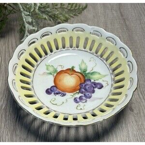 Vintage Lace Edge Porcelain Plate With Hand Painted Fruit Design Occupied Japan